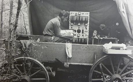 Fig. 2: Cornell ornithologist Peter P. Kellogg in an improvised studio on field expedition in 1935. Albert R. Brand Papers #21-18-899, Division of Rare and Manuscript Collections, Carl A. Kroch Library, Cornell University.